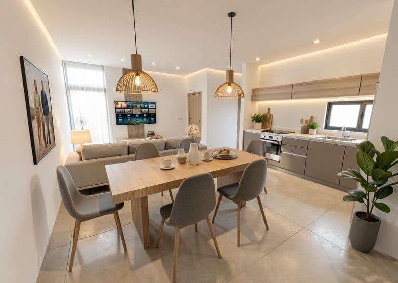 Comedor y living integrados de la vivienda tipo, con luz natural