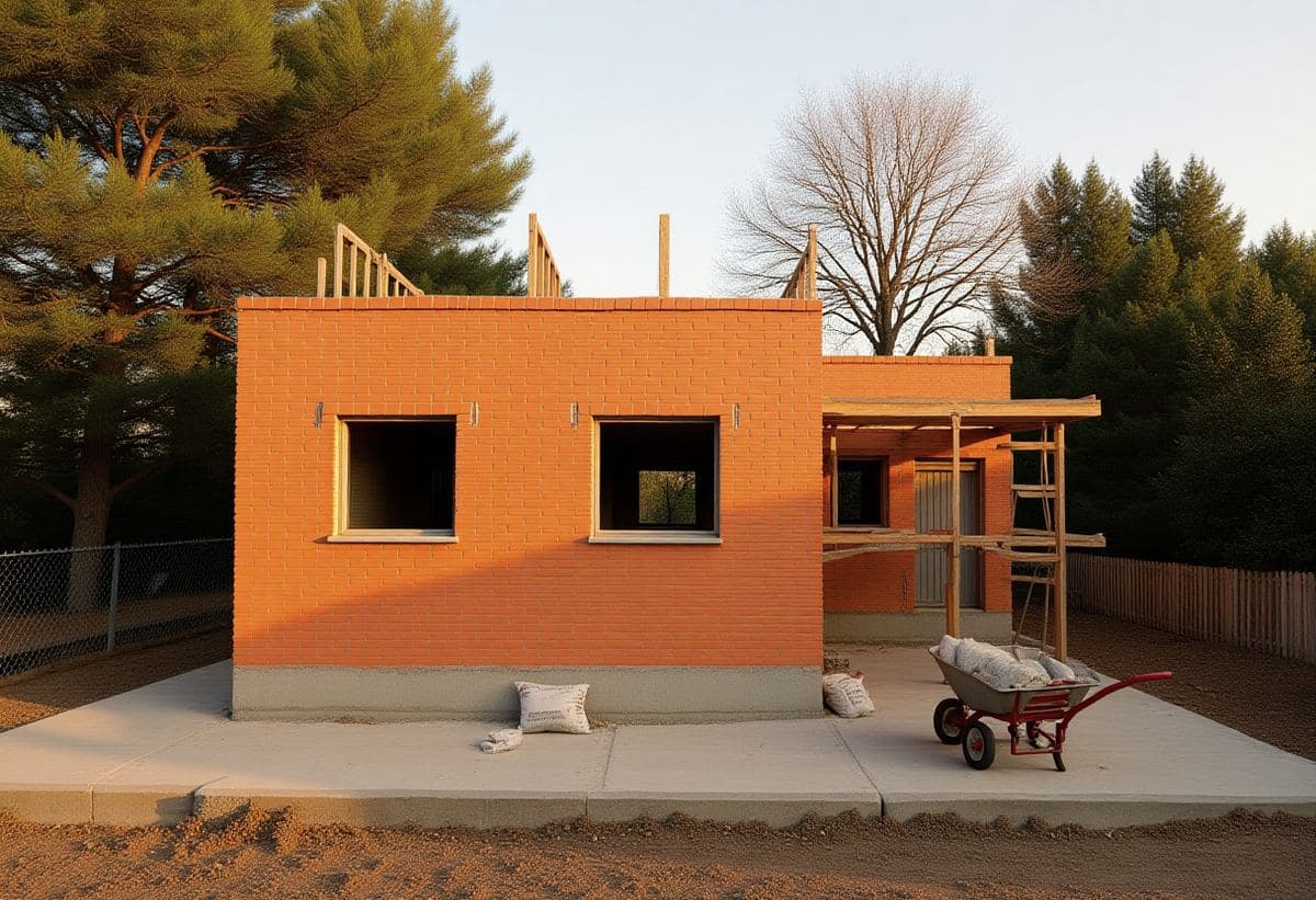 Casa de ladrillo en construcción sobre su platea, con andamios y una carretilla con bolsas de material