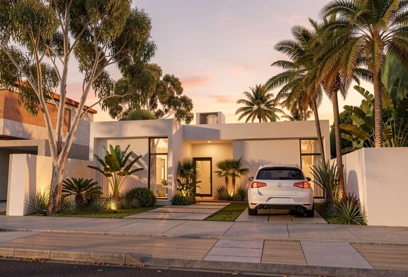 Fachada de la vivienda tipo con un auto estacionado al frente