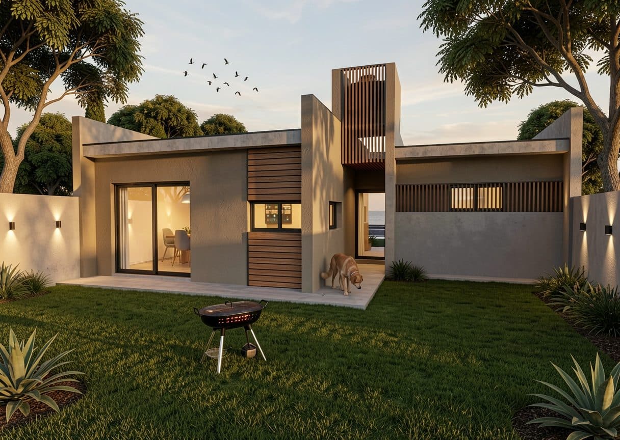 Jardín y galería de la vivienda tipo, con la casa vista desde el fondo del terreno